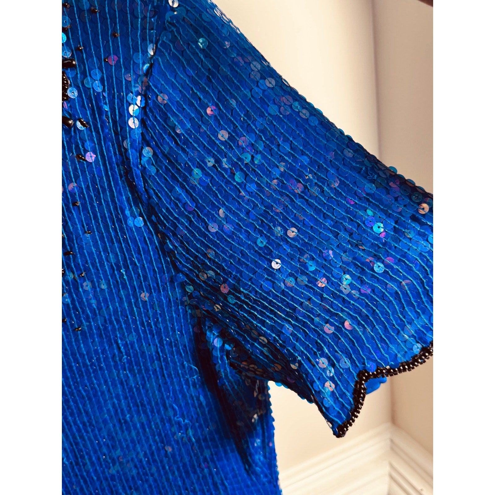 Vintage Stenay Silk Beaded Sequin Top Blue Black Evening Party Blouse Women’s Large