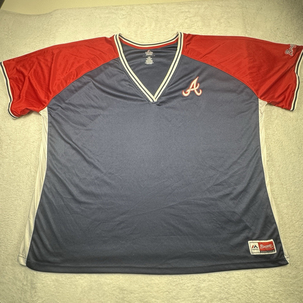 Vtg Majestic Atlanta Braves Baseball Cool Base BP Jersey Mens 4XL 4X V-Neck Blue