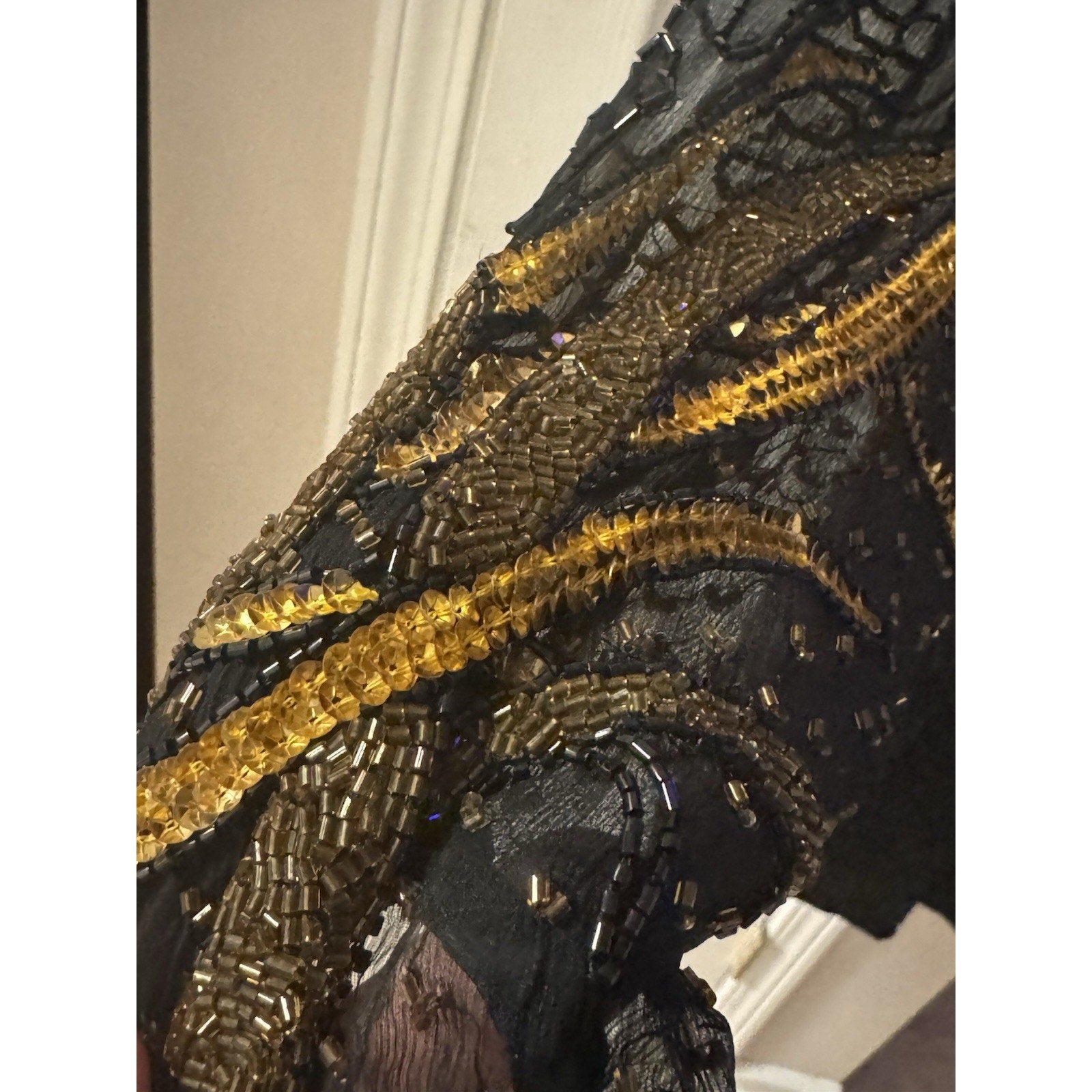 Vtg 1970-80s Jewel Queen 100% Pure Silk Black Gold Beaded Cocktail Dress Large
