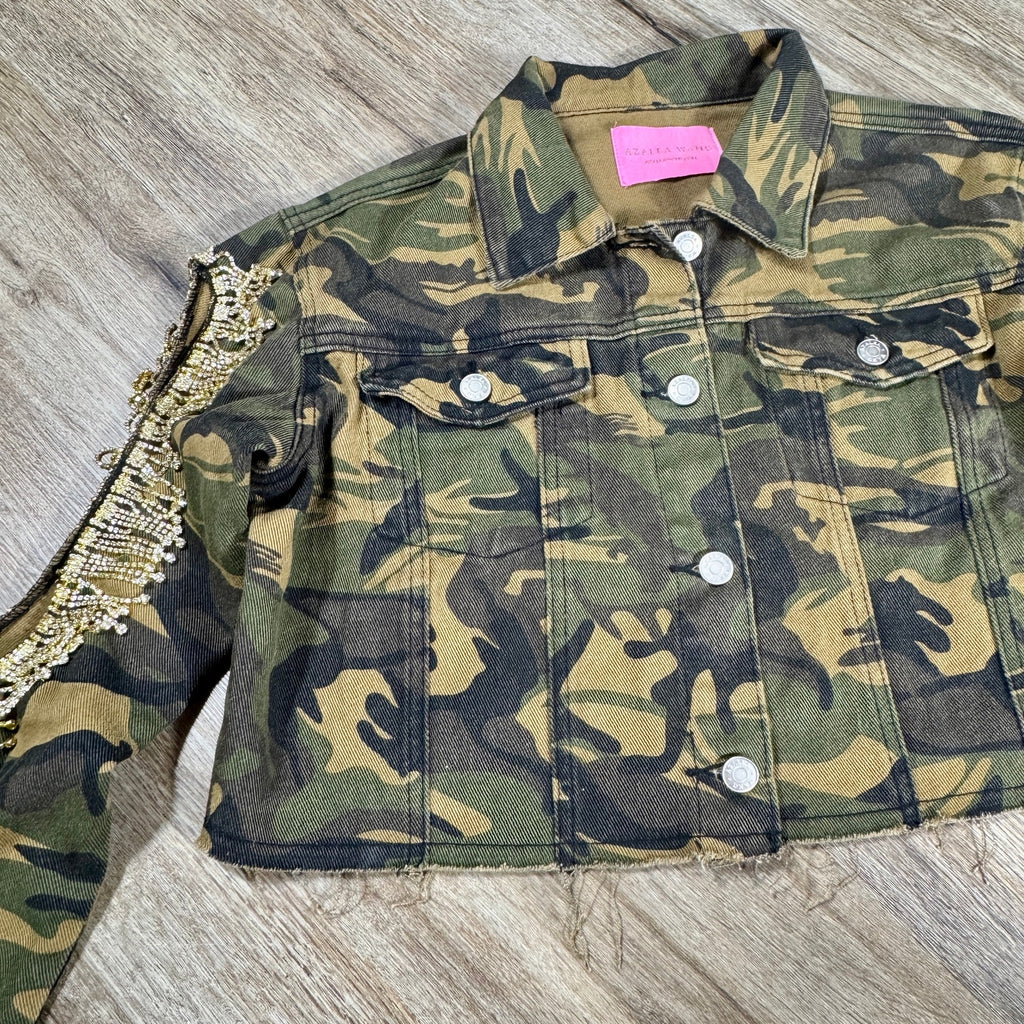 Azalea Wang Camo Rhinestone Fringe Cold Shoulder Cropped Trucker Jacket Small S