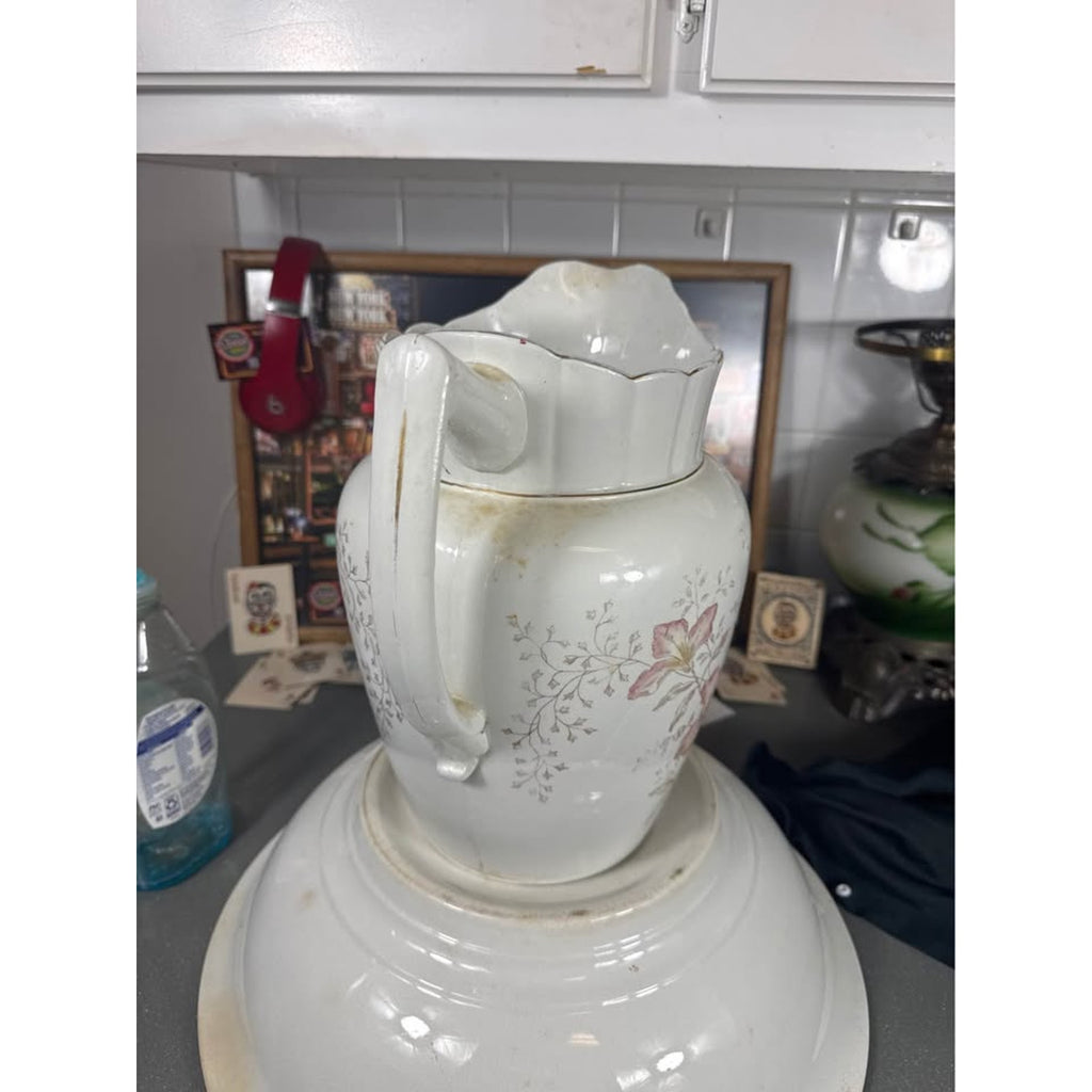 Copied - Late 1800s Vintage O.P. Co Ironstone Wash Basin & Pitcher Set Floral Gold Trim Excelsior