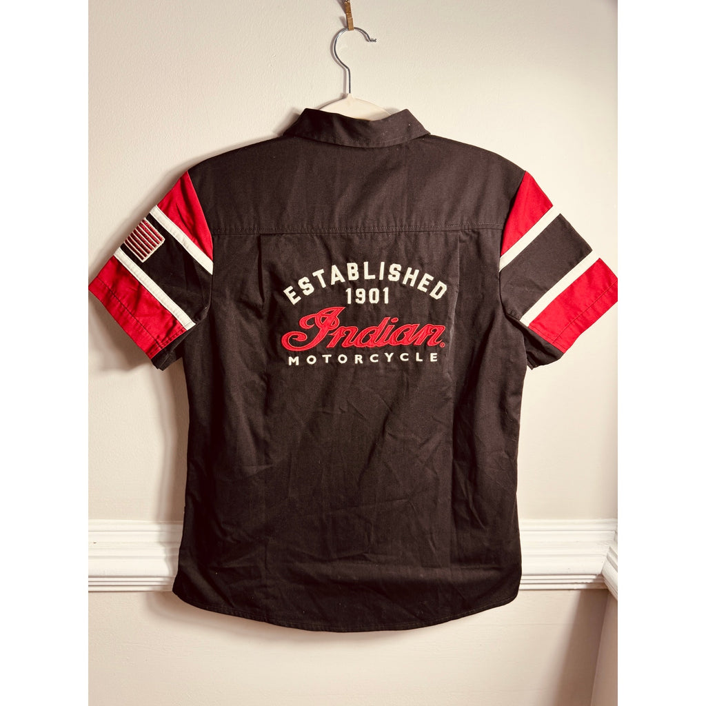 Indian Motorcycle Women’s Medium Button Up Garage Shop Shirt Black Red Biker