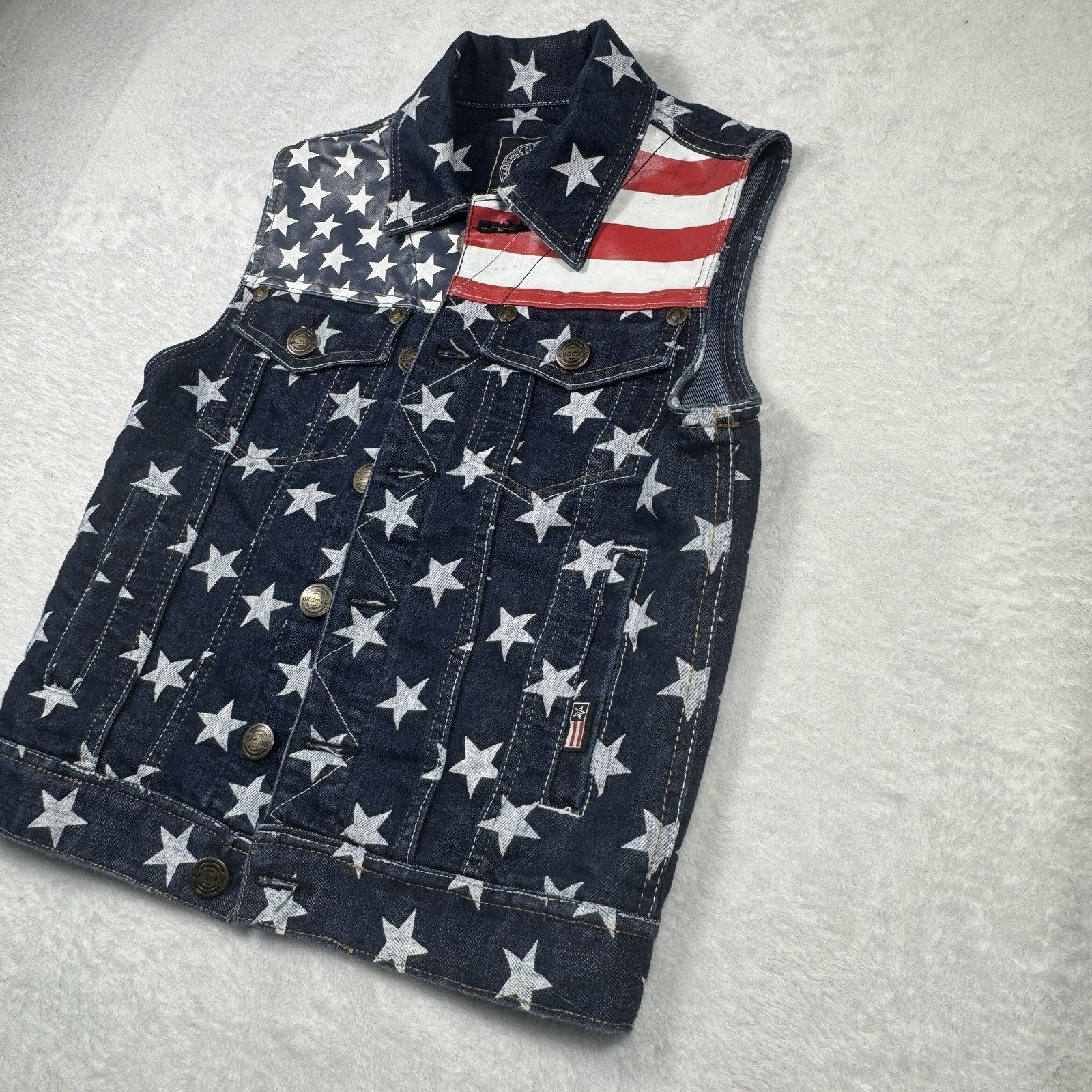 Akademiks AKDMKS Stars Denim Vest Womens XS Y2K Hip Hop USA Flag Patriotic 90s