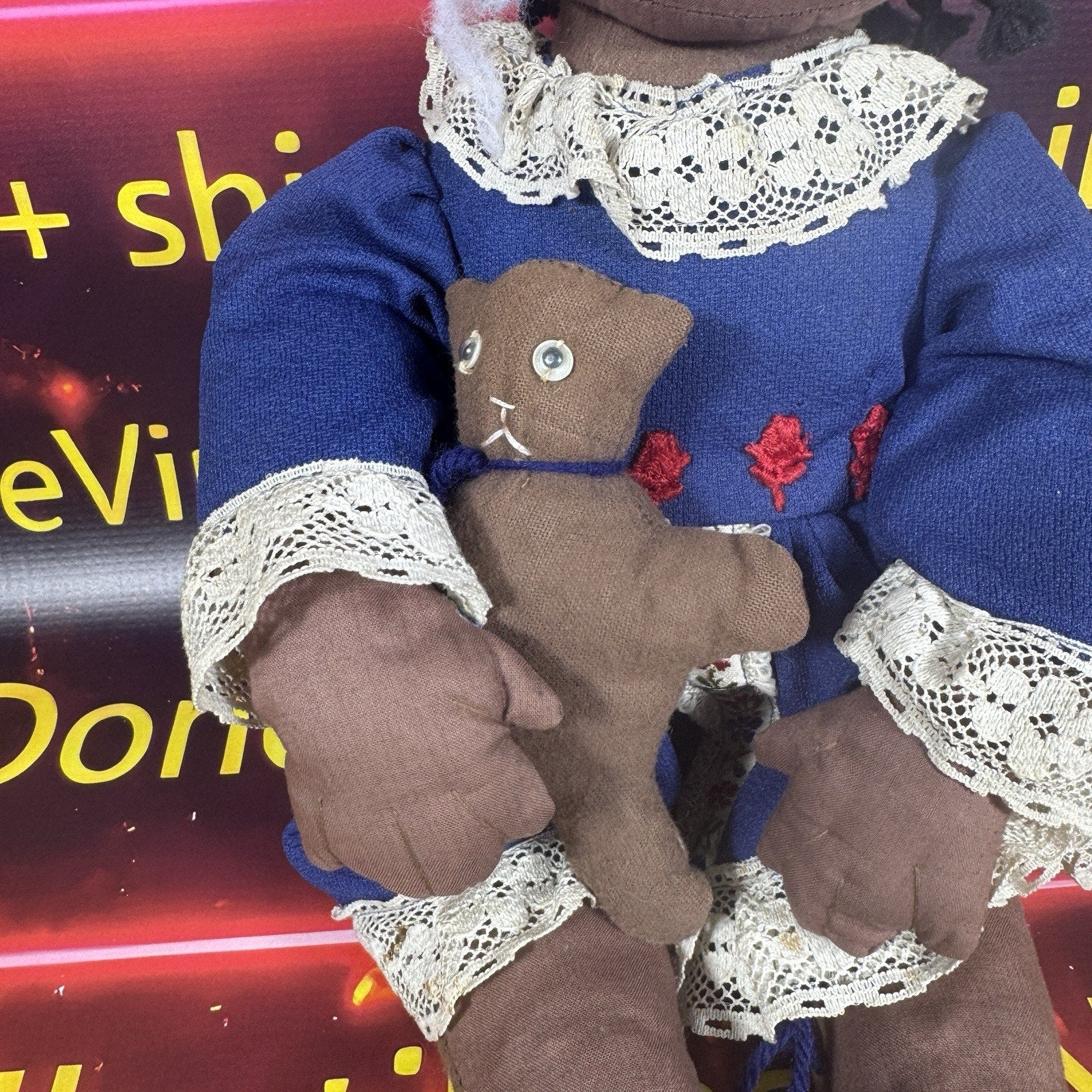 Vintage Handmade African American Cloth Rag Doll Blue Lace Dress Cat 1970s 80s