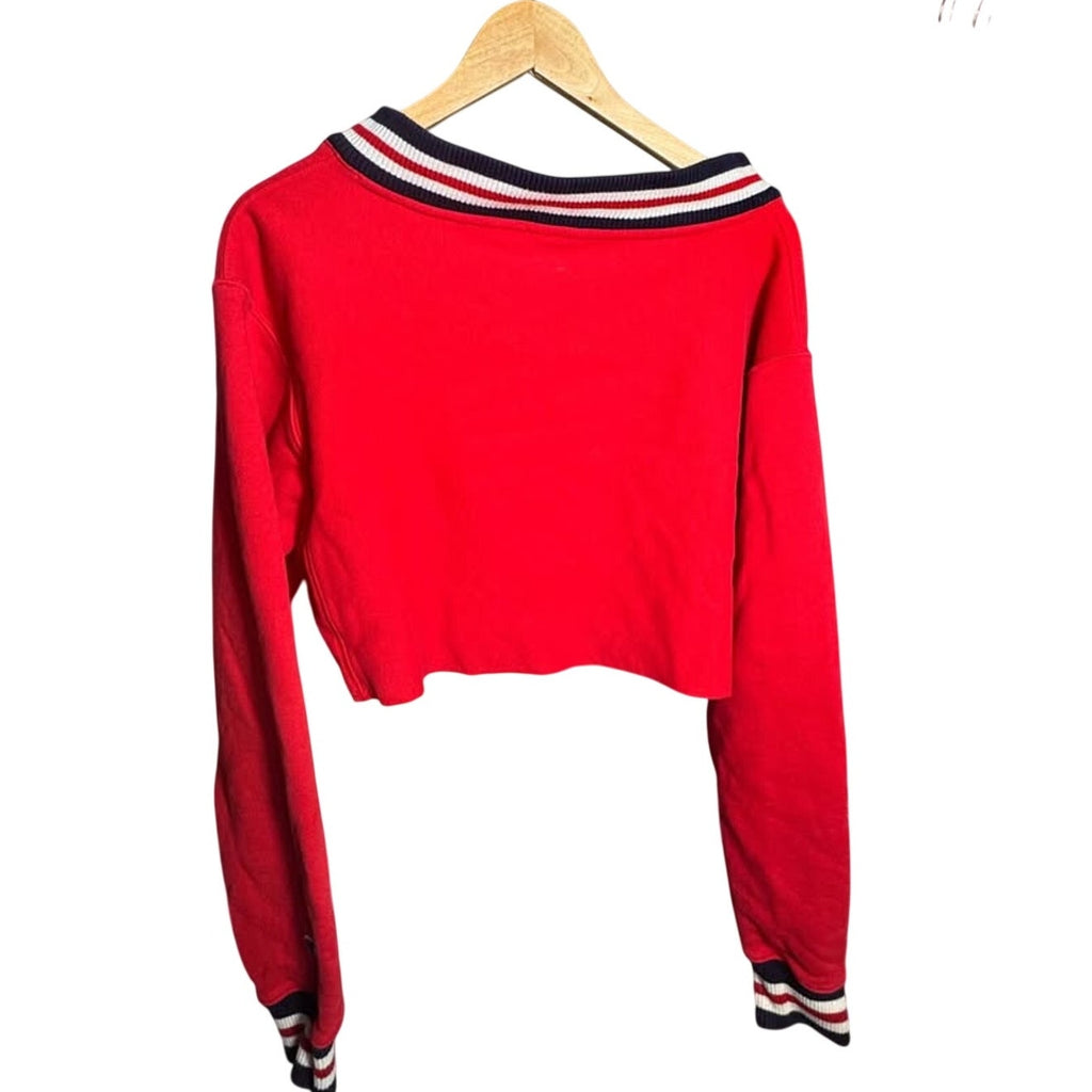 Champion Reverse Weave Cropped V-Neck Sweatshirt Red Women's Small Varsity