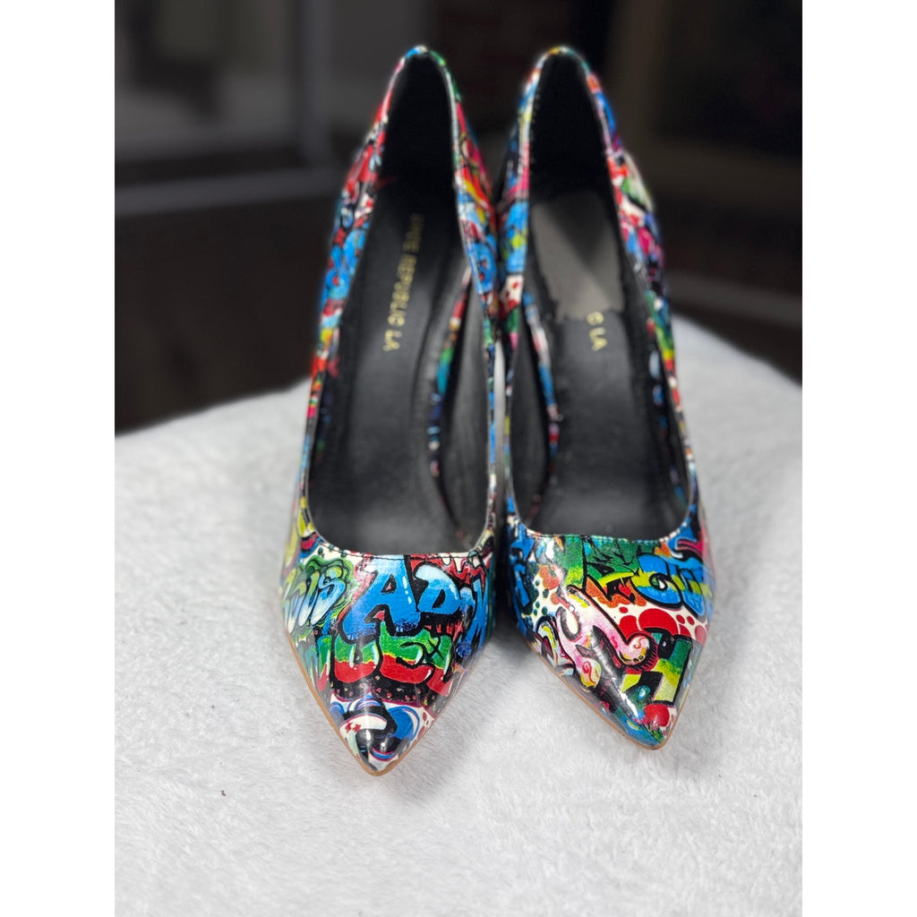Shoe Republic LA Graffiti Print Stiletto Heels Women’s Size 6.5 7 Pointed Toe Pumps