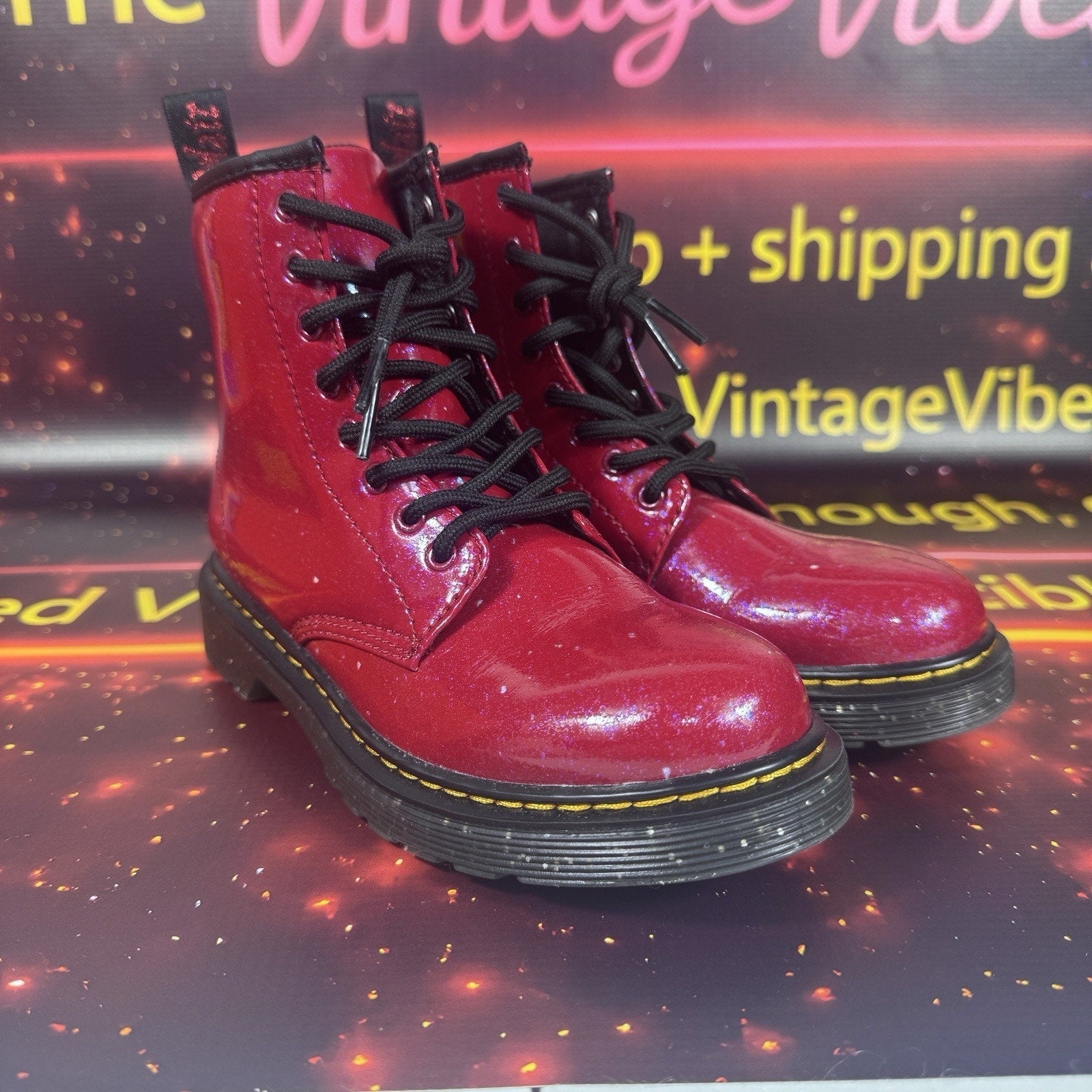 Dr. Martens 1460 J Glitter Red Patent Lace Up Boots Side Zip Youth US 2 EU 33