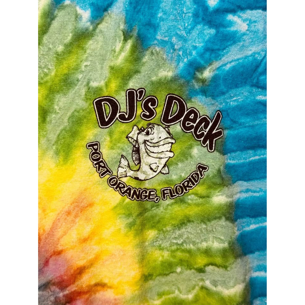 DJ’s Deck Port Orange Florida Tie Dye Seafood Raw Bar Graphic T Shirt XL Gildan