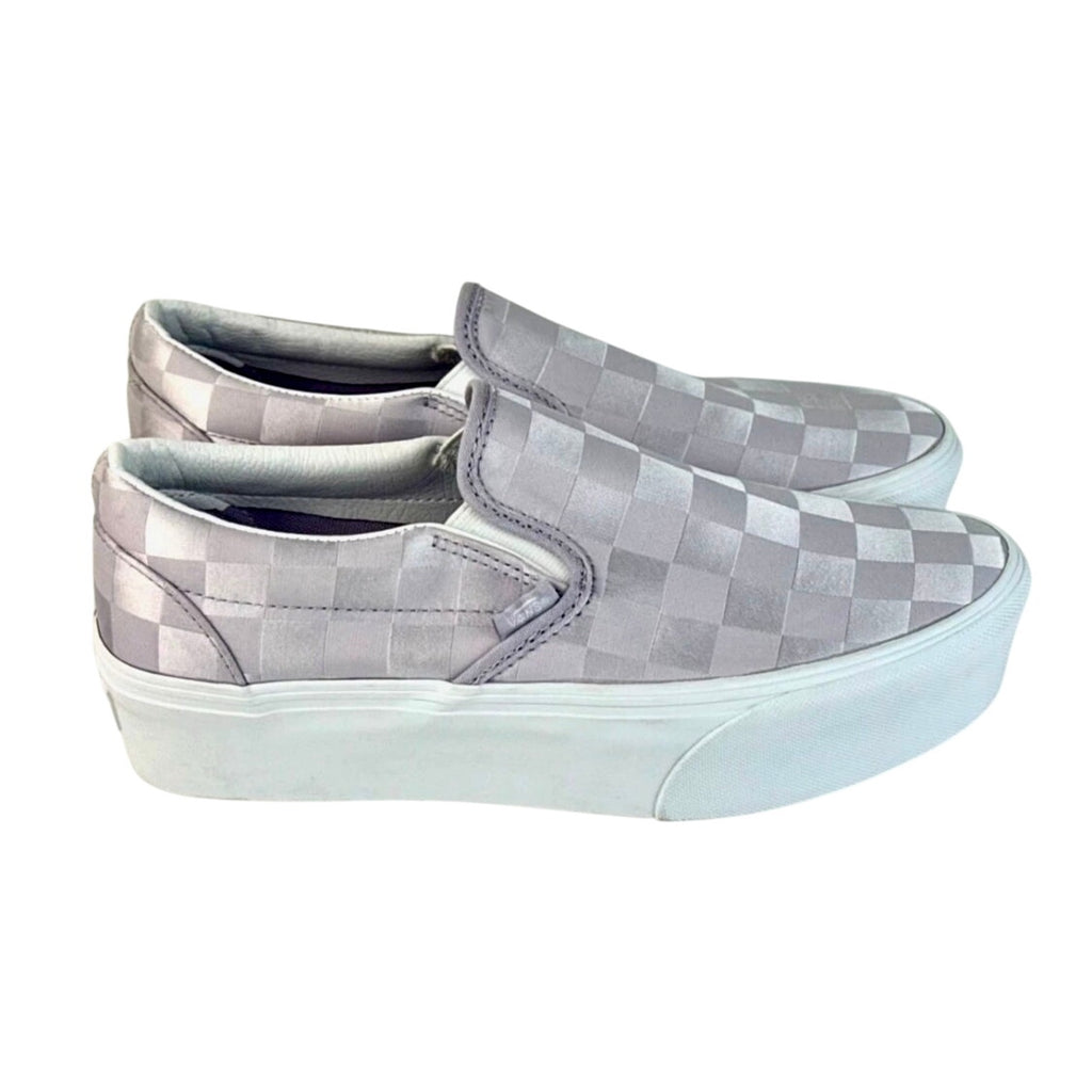 Vans Classic Slip-On Stackform Checkerboard Satin Lilac Purple Platform Shoes W7
