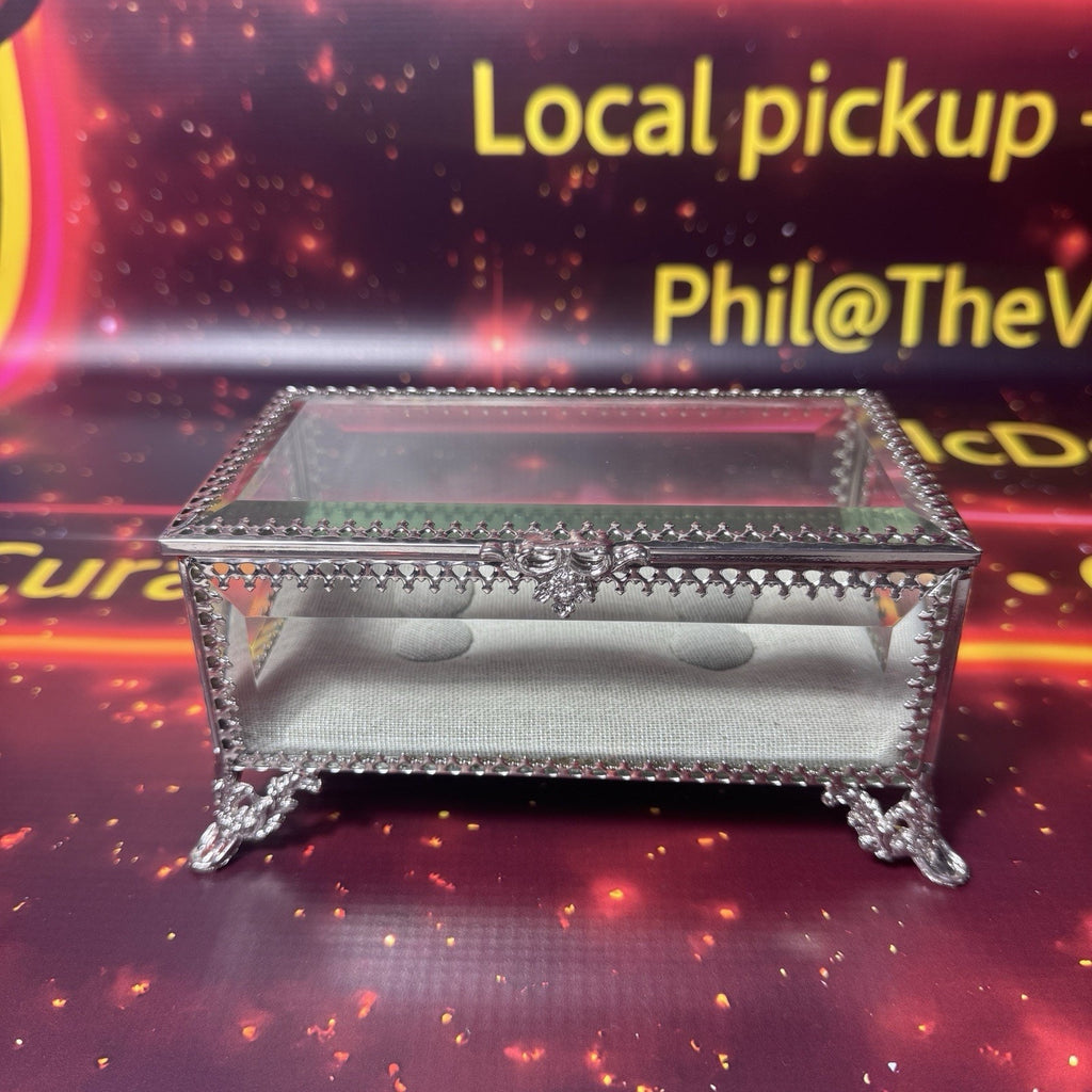 Cynthia Rowley New York Jewelry Box Glass Hinged Silver Filigree Trinket Ring