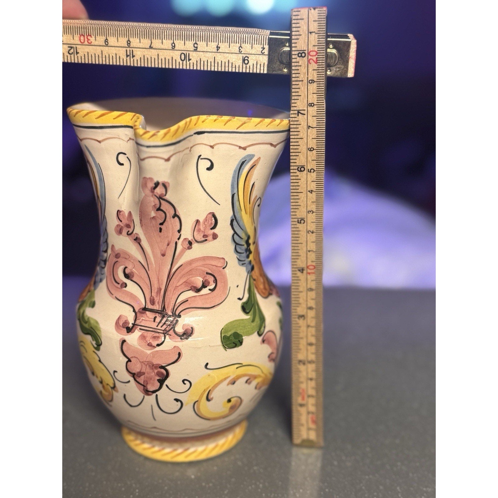 Vtg Italian Majolica Hand Painted Pitcher Floral Ceramic Vase Italy 6.75”