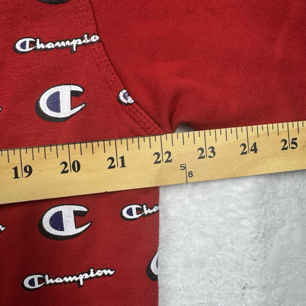 Champion All Over Logo Print Hoodie Mens M Red Pullover Sweatshirt Spell Out AOP