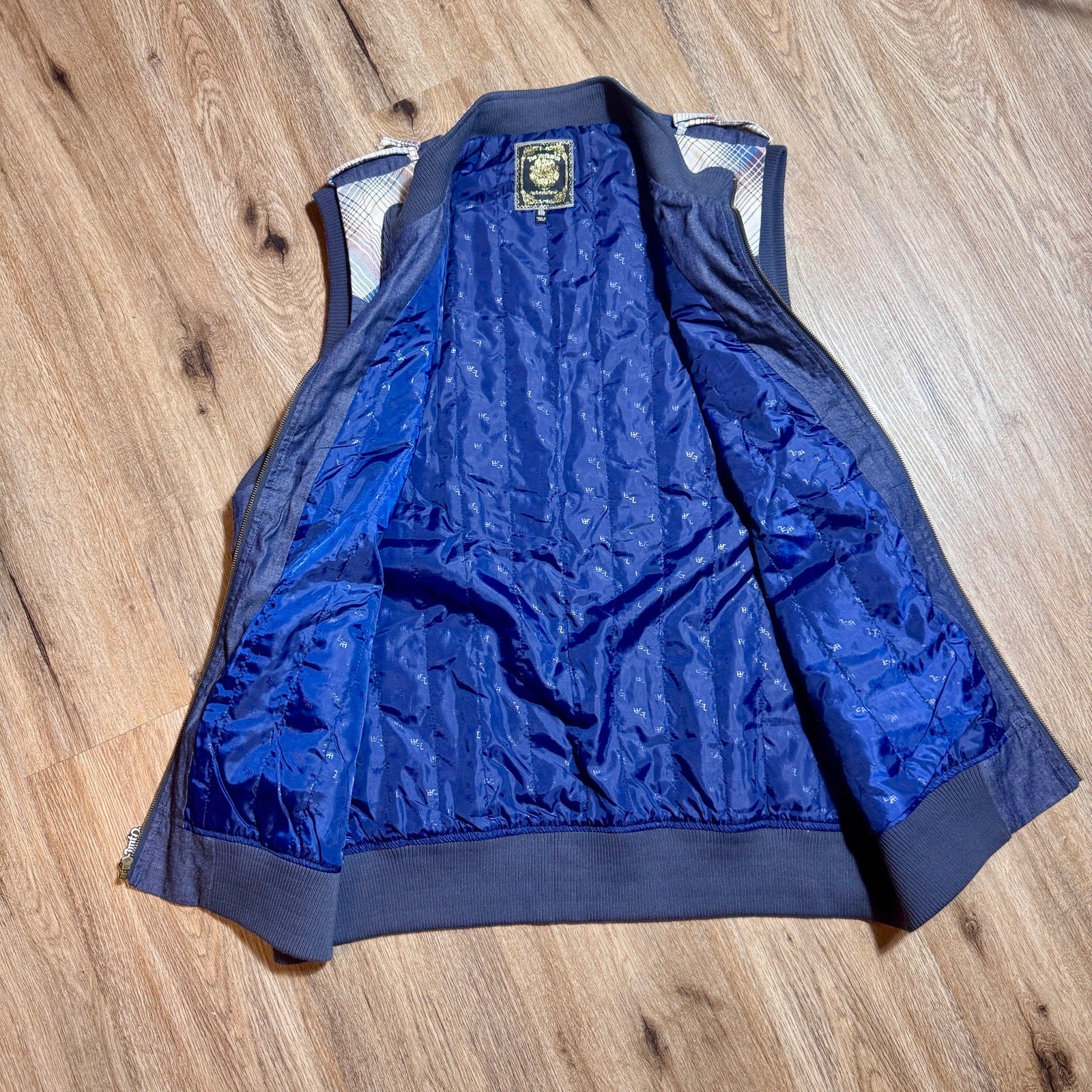 Live Mechanics Plaid Chambray Full Zip Vest 3XL Y2K Motorcycle Biker Denim Vest