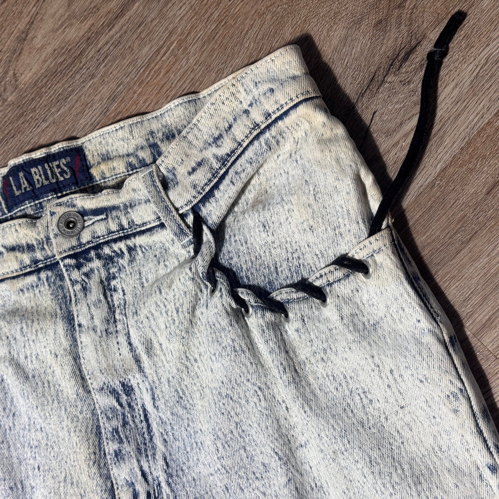 Vtg 80s/90s L.A. Blues Acid Wash Lace Up Jeans Womens 16 Velvet Trim High Rise