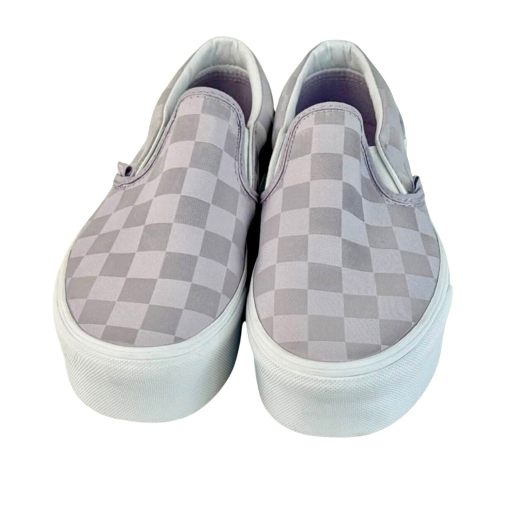 Vans Classic Slip-On Stackform Checkerboard Satin Lilac Purple Platform Shoes W7