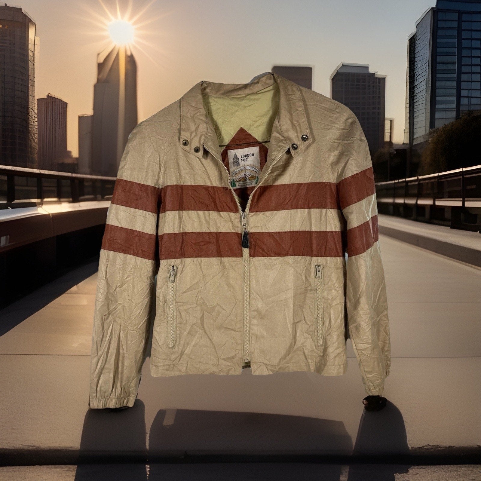 Vtg 1970s London Fog Outdoors Unlimited Striped Cafe Racer Jacket Tan Brown Sz M