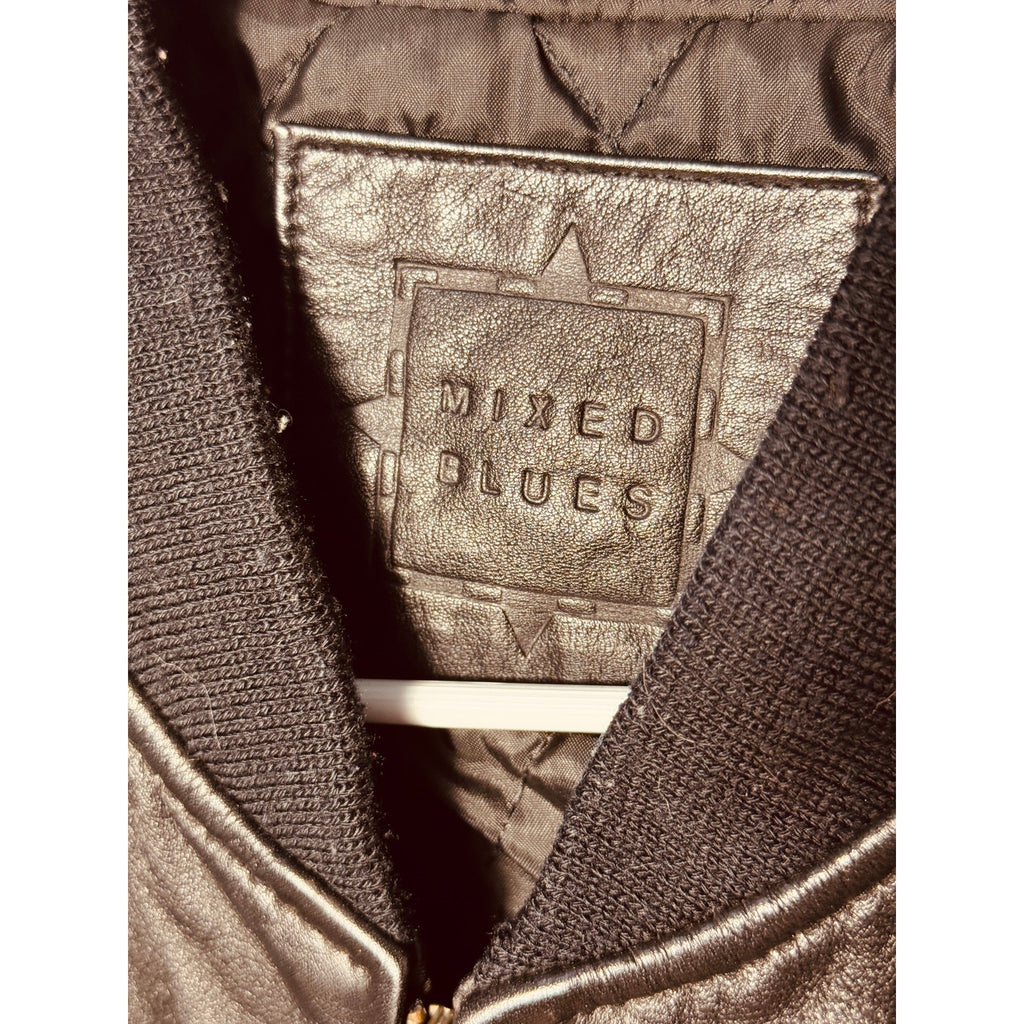 Vintage Mixed Blues Genuine Leather Bomber Jacket Black Ribbed Zip Flight Jacket