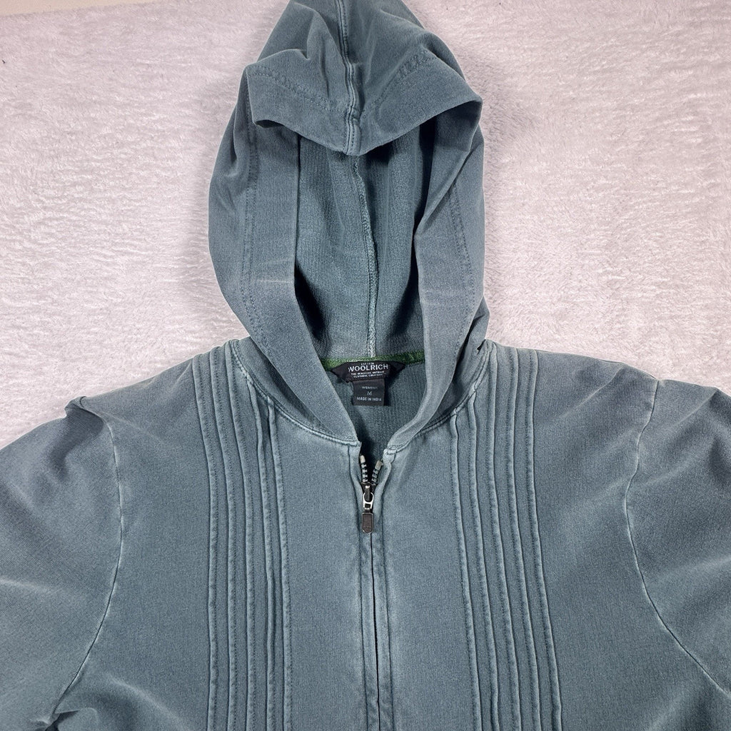 Woolrich Garment Dyed Full Zip Hoodie Womens M Blue Green Stretch Sweatshirt