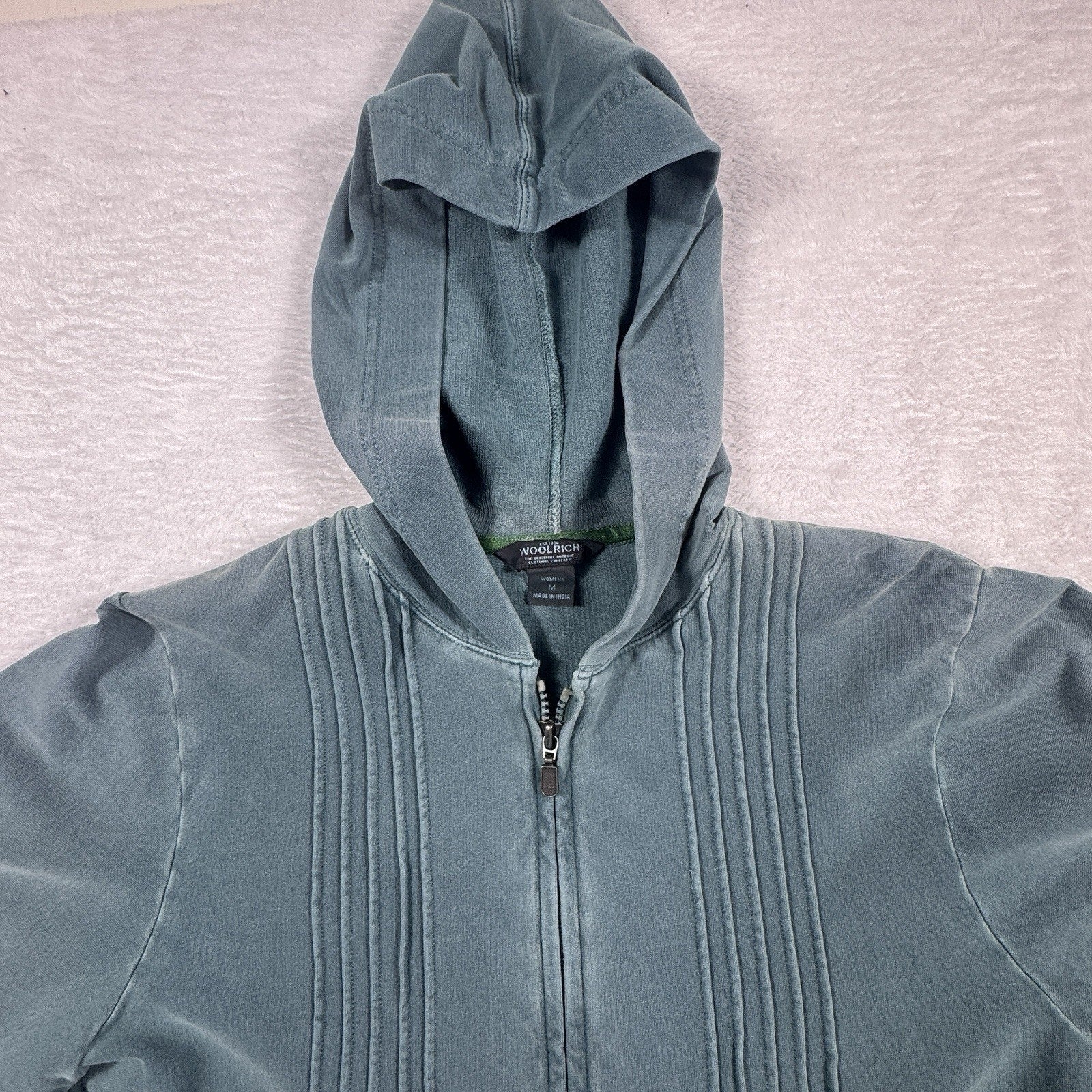 Woolrich Garment Dyed Full Zip Hoodie Womens M Blue Green Stretch Sweatshirt