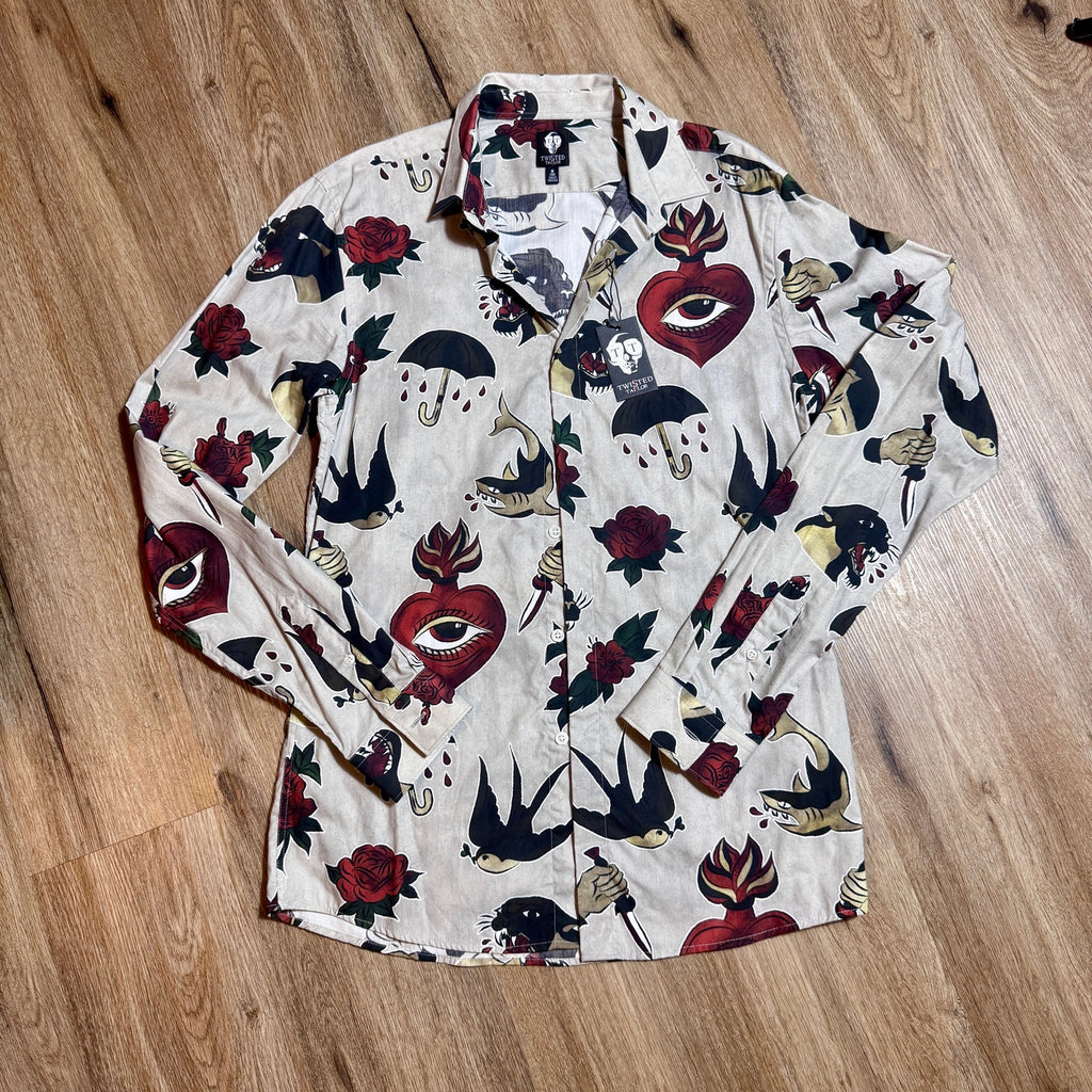 Twisted Tailor Tattoo Flash Print Button Up Shirt Men’s Medium Long NWT