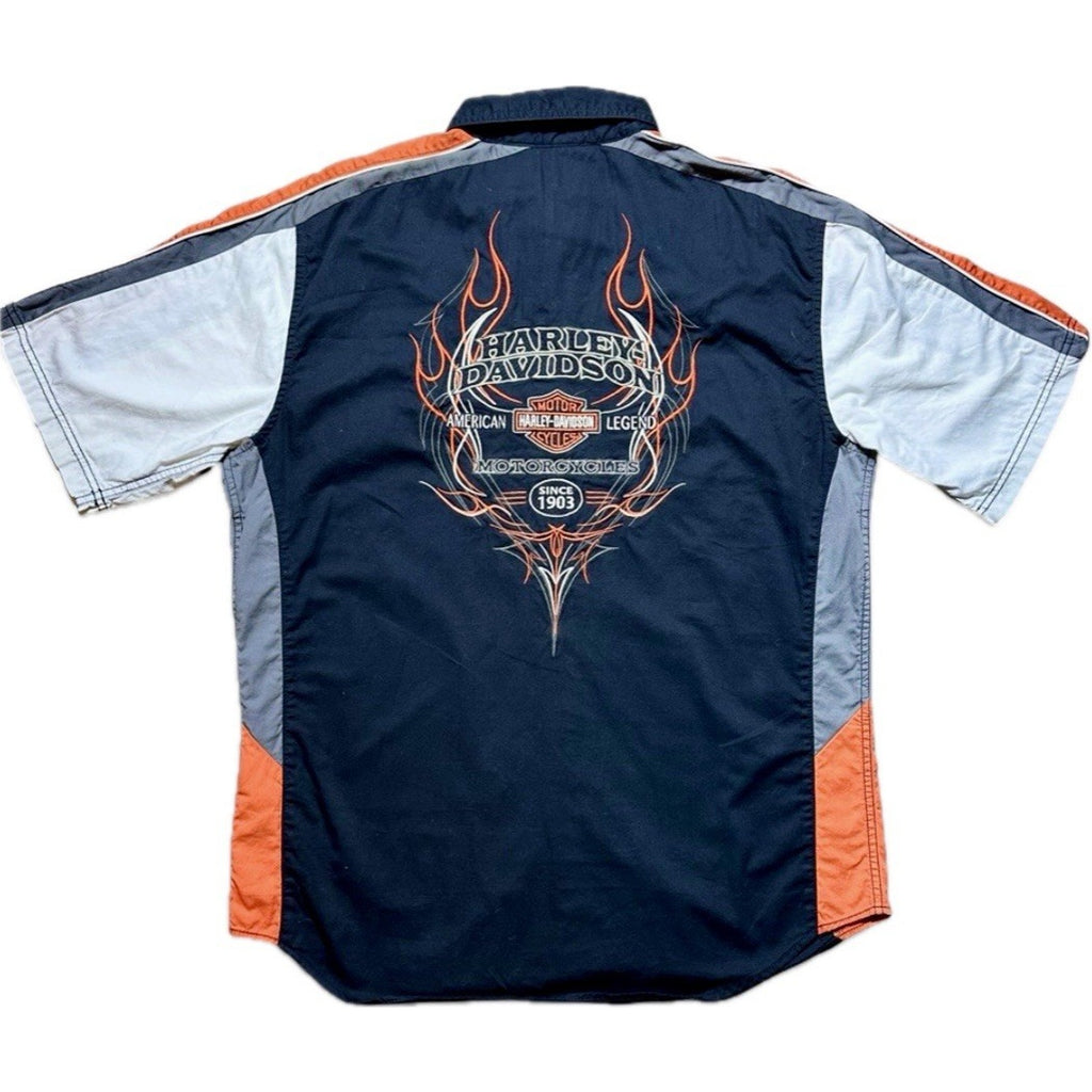 Harley-Davidson Performance Flame Work Shirt Button Up Black Orange Men’s Large