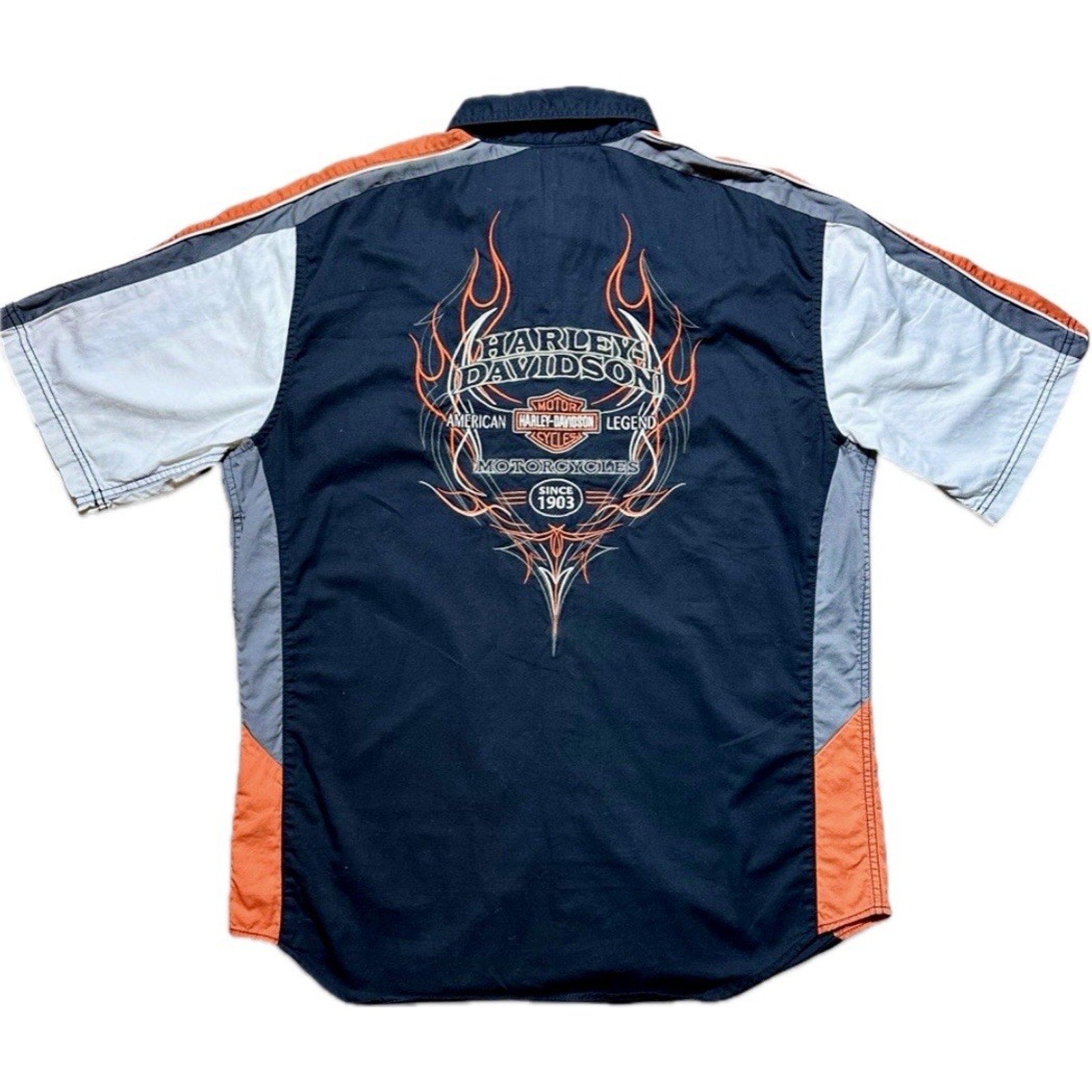Harley-Davidson Performance Flame Work Shirt Button Up Black Orange Men’s Large