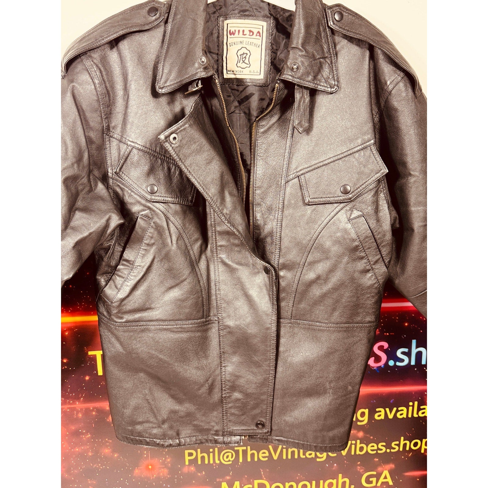 Vintage USA Made Wilda Genuine Leather Motorcycle Jacket Black Biker Cafe Racer Coat
