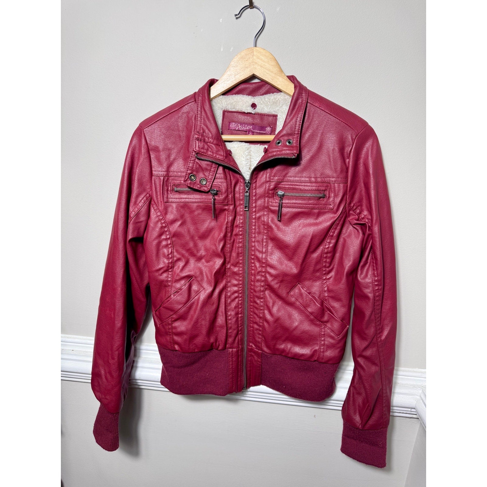 Ashley Faux Leather Sherpa Lined Moto Bomber Jacket Burgundy Women’s M Medium