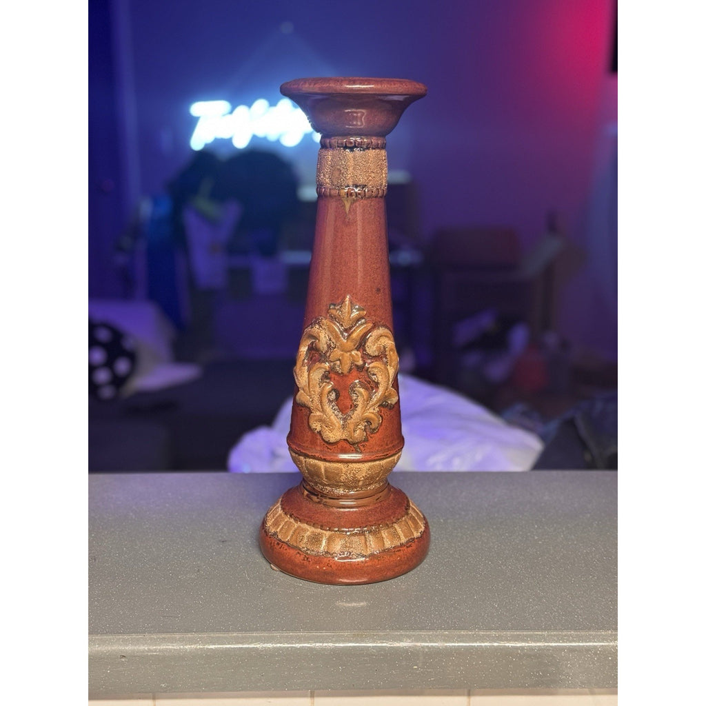 15” Tuscan Style Ceramic Pillar Candle Holder Brown Gold Fleur‑De‑Lis Vtg Home