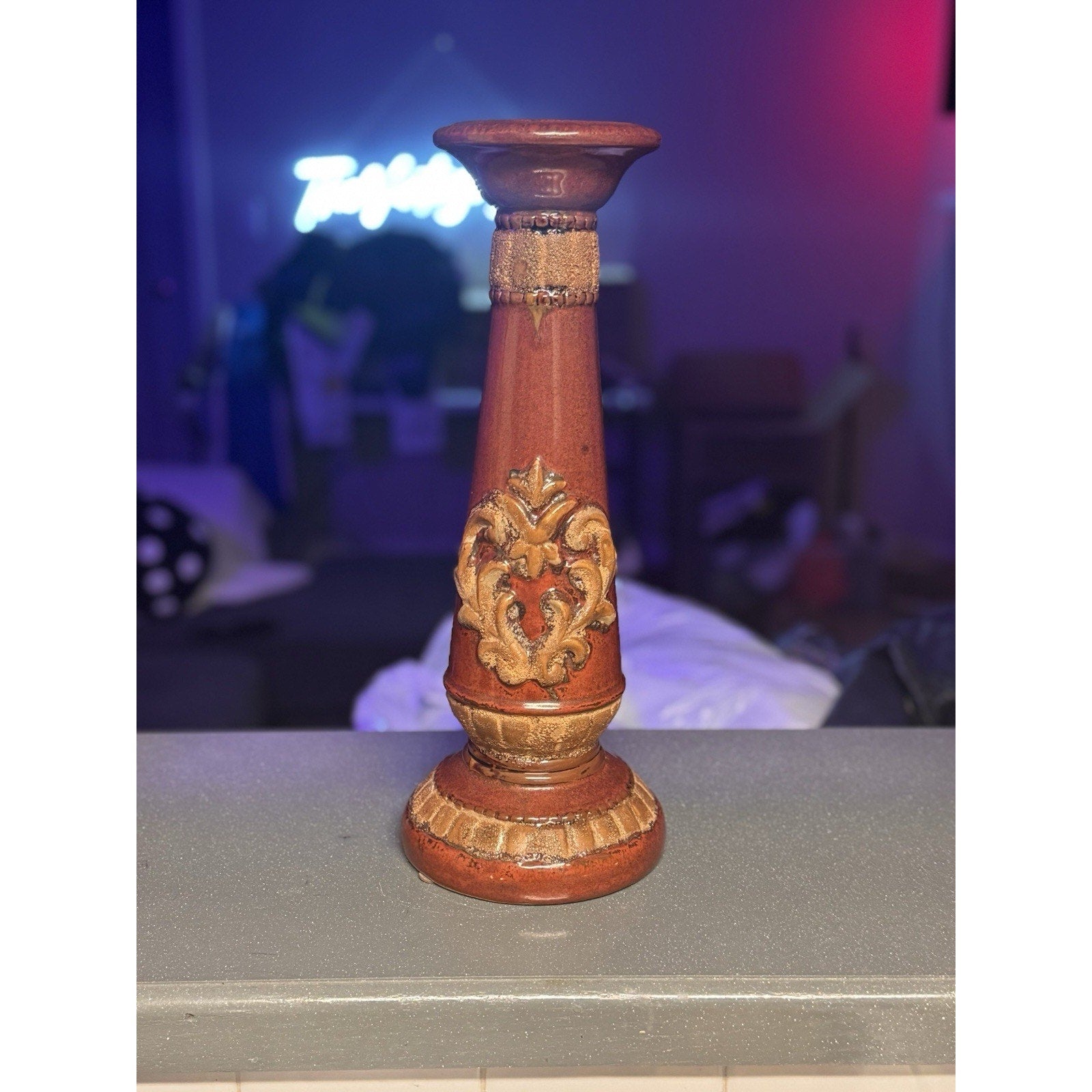 15” Tuscan Style Ceramic Pillar Candle Holder Brown Gold Fleur‑De‑Lis Vtg Home