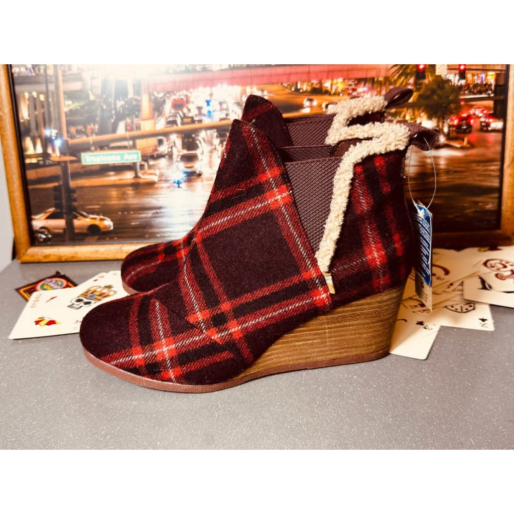 Copied - TOMS Women’s Kelsey Wedge Ankle Boots Sz 5 Red Earthy Plaid Wool Blend