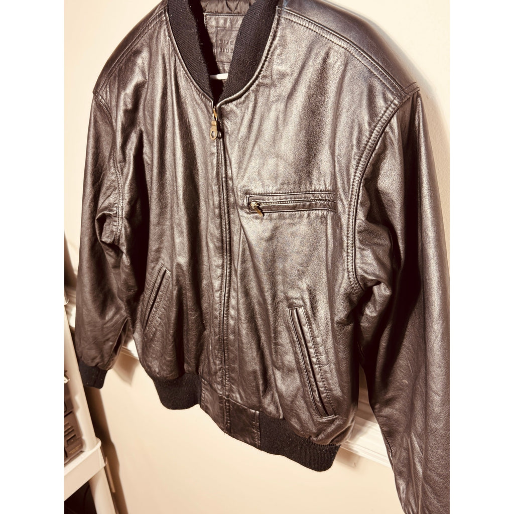 Vintage Mixed Blues Genuine Leather Bomber Jacket Black Ribbed Zip Flight Jacket