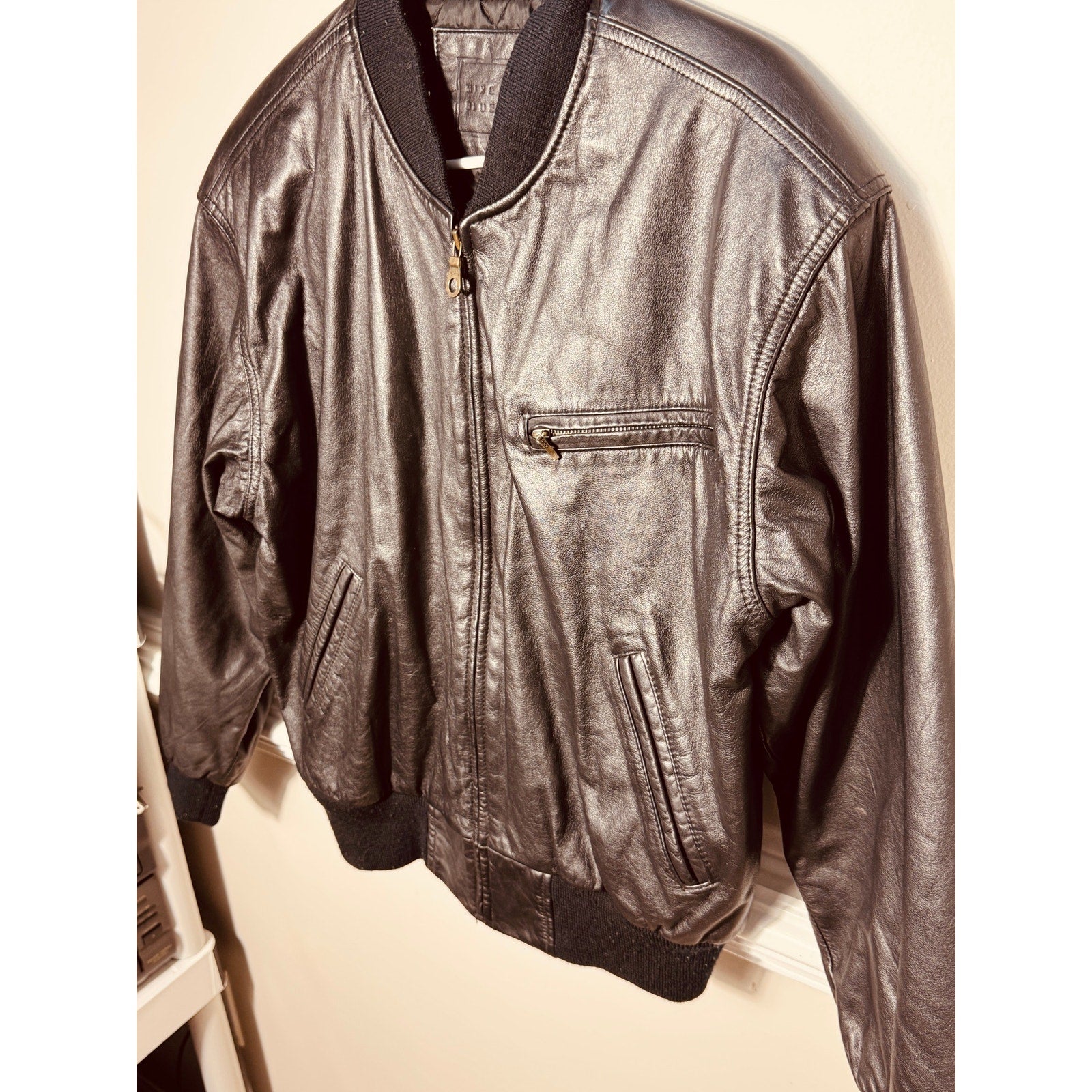 Vintage Mixed Blues Genuine Leather Bomber Jacket Black Ribbed Zip Flight Jacket