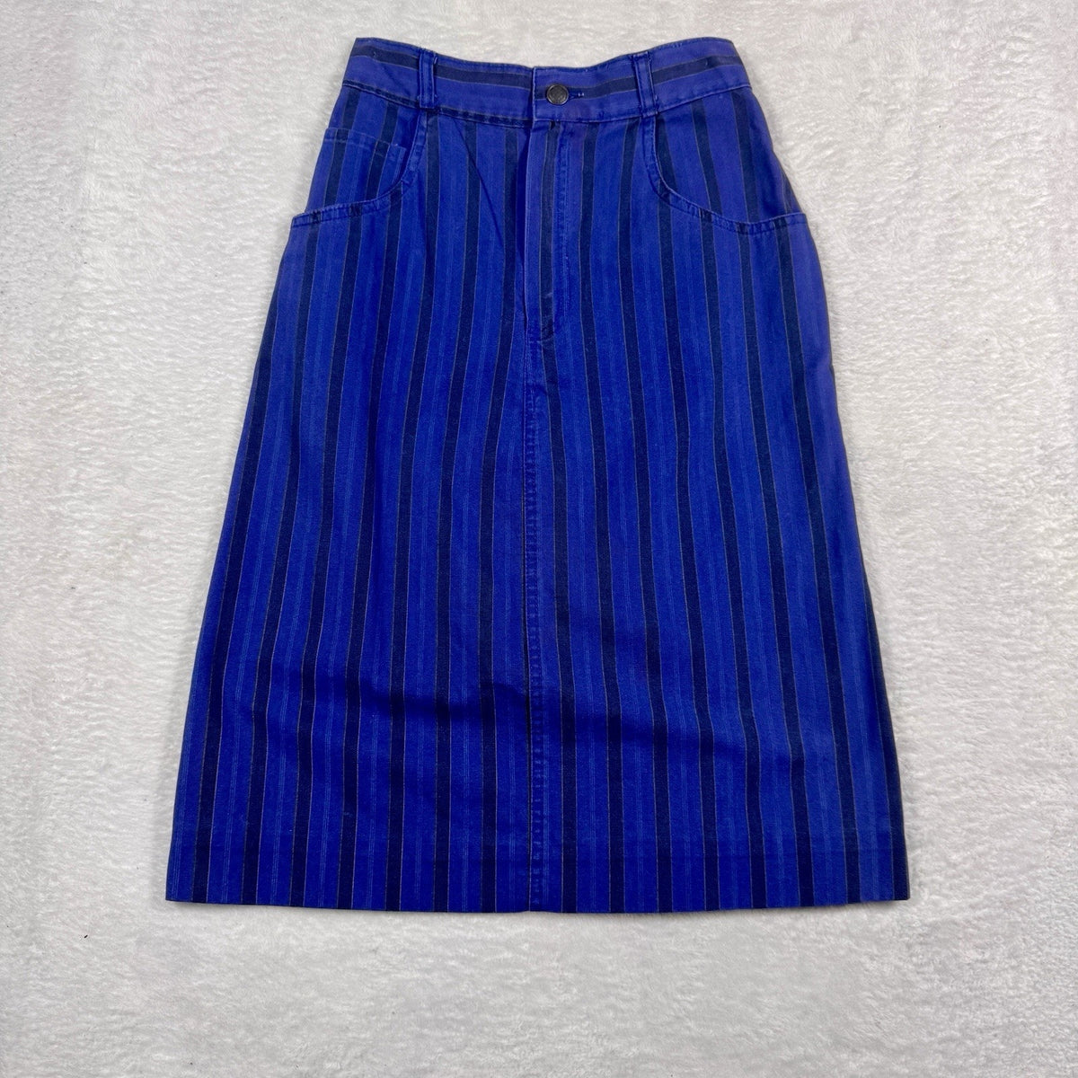 Vtg 1980s Serge Azar Paris Striped Cotton Midi Skirt Women 6 24” Blue Hong Kong