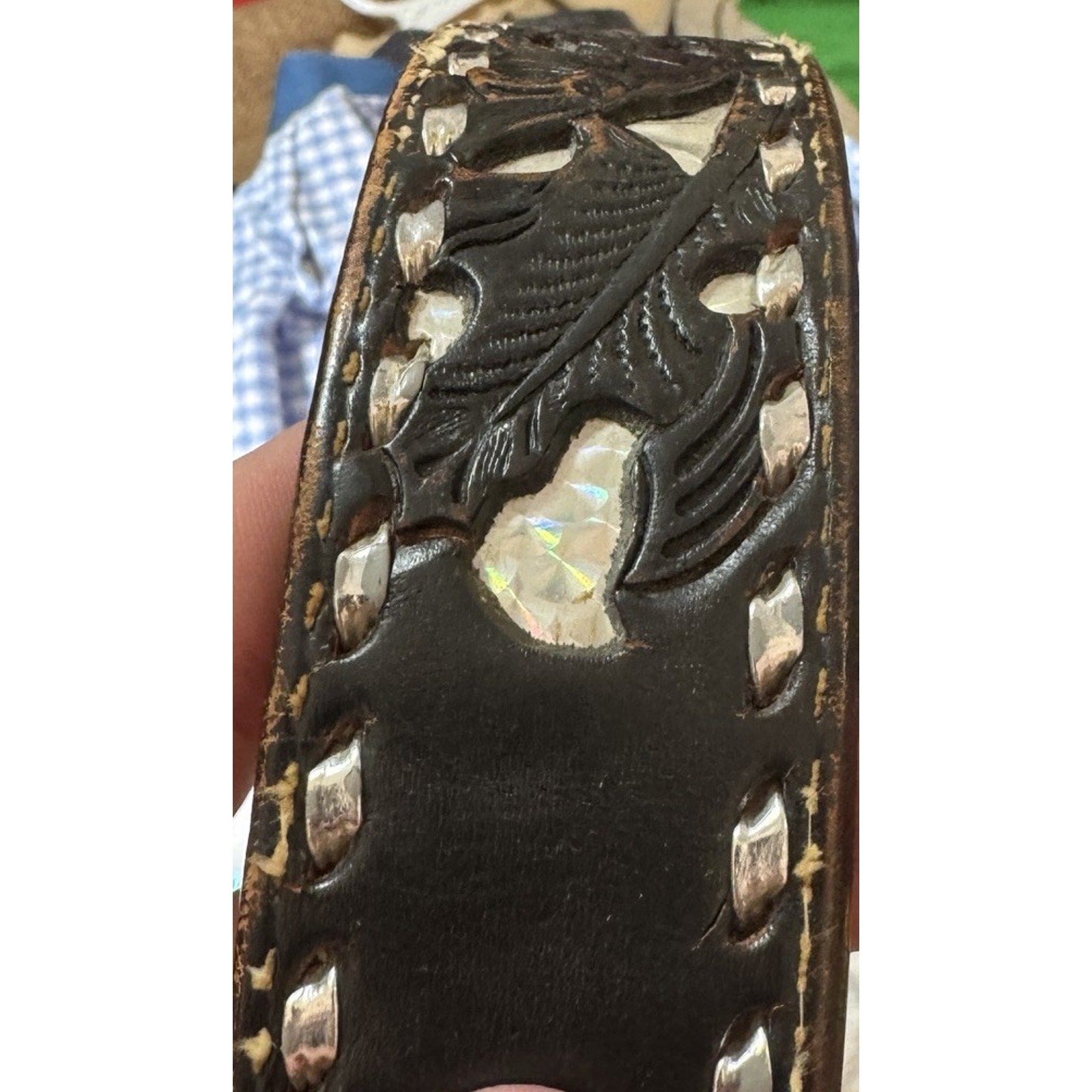 Vtg 70-80s Western Tooled Leather Belt Buckle 32 Buckstitch Pearl Inlay USA Made