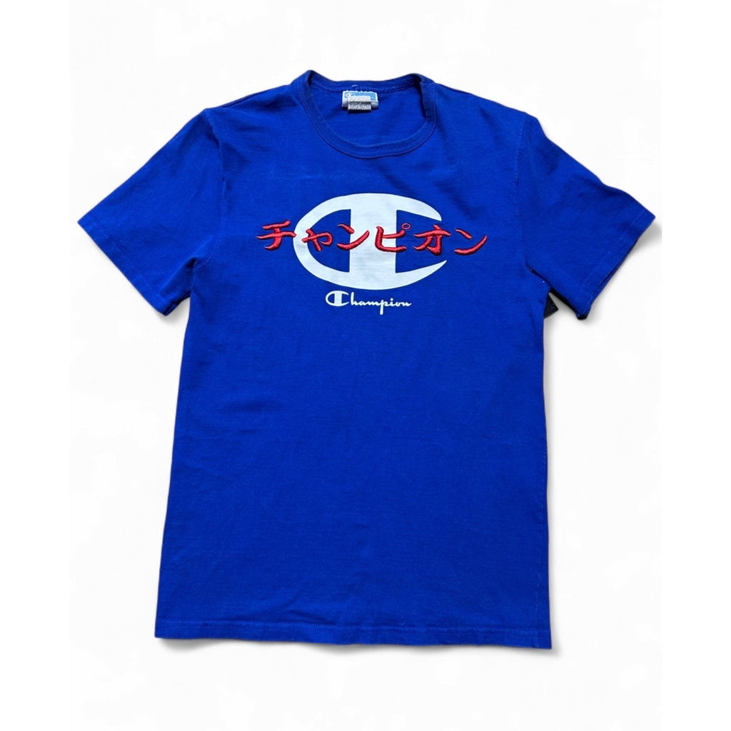 Champion Japanese Script Logo T-Shirt Blue Small Embroidered Katakana Tee Y2K