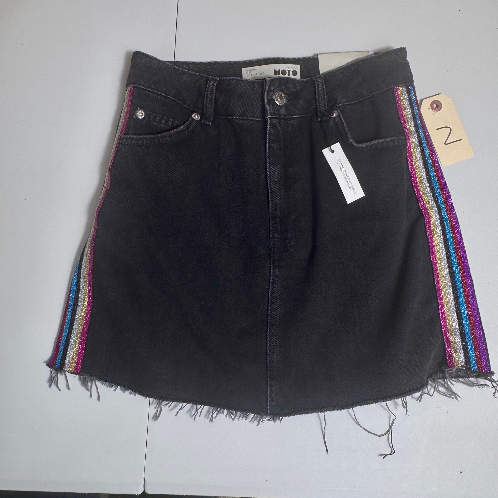 NWT Topshop Moto Black Denim Mini Skirt Rainbow Glitter Stripe Raw Hem Size 2